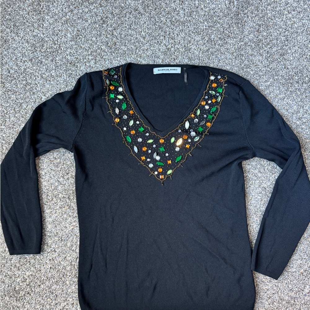 Black Embroidered V-Neck Blouse